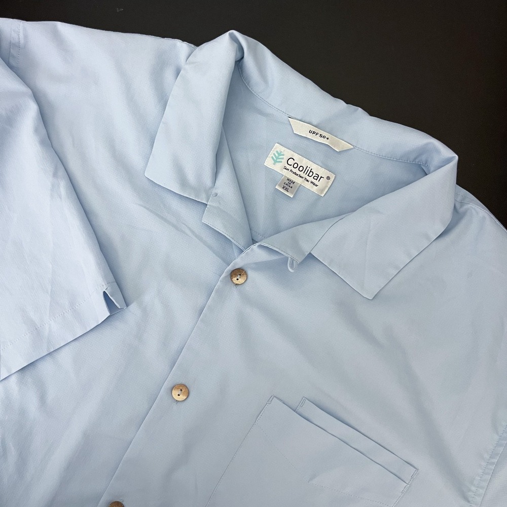 Coolibar Shirt Mens XXL Blue Button Up UPF 50 Loop Collar‎ Short Sleeve Outdoor